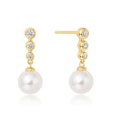 Gold Tennis Beaded Stone Shell Pearl Drop Stud Earrings