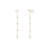 Gold Cascade Shell Pearl Station Drop Stud Earrings