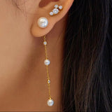 Gold Cascade Shell Pearl Station Drop Stud Earrings
