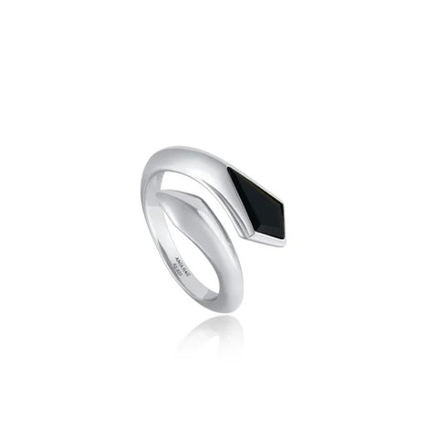 Silver Black Agate Adjustable Ring