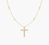 Gold Bezel-Set Station Necklace with Cross Pendant