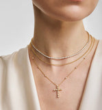 Gold Bezel-Set Station Necklace with Cross Pendant