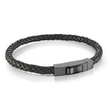 Black IP Stainless Steel 5mm Black Leather Box Push Clasp Bracelet