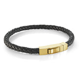 Black IP Stainless Steel 5mm Black Leather Box Push Clasp Bracelet