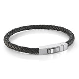 Black IP Stainless Steel 5mm Black Leather Box Push Clasp Bracelet