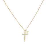Gold Stainless Steel White Cubic Zirconia & Classic Cross Necklace
