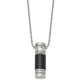 Stainless Steel Polished with Black Carbon Fiber Inlay Cylinder on a Ball Chain Necklace