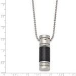 Stainless Steel Polished with Black Carbon Fiber Inlay Cylinder on a Ball Chain Necklace