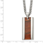 Stainless Steel Polished Koa Wood Inlay Pendant on a  Curb Chain Necklace