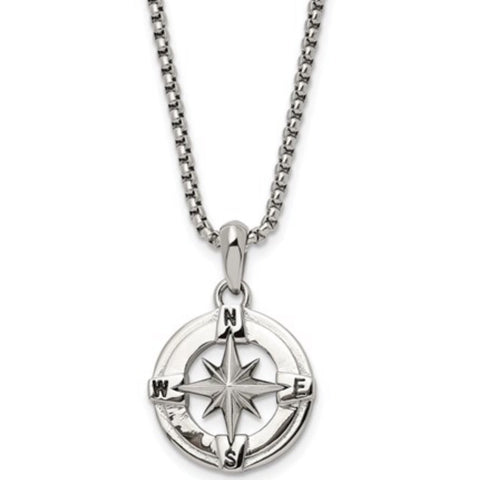 Stainless Steel Polished Compass Pendant on a Box Chain Necklace