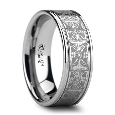 DEACON Tungsten Ring with Engraved Intricate Cross