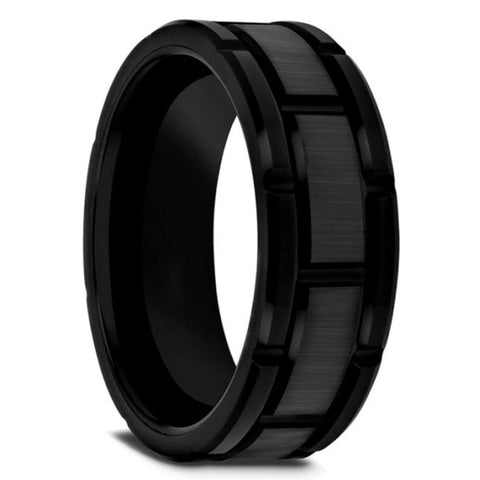 WINDSOR Black Tungsten Carbide Band with Brush Finished Center and Alternating Grooves