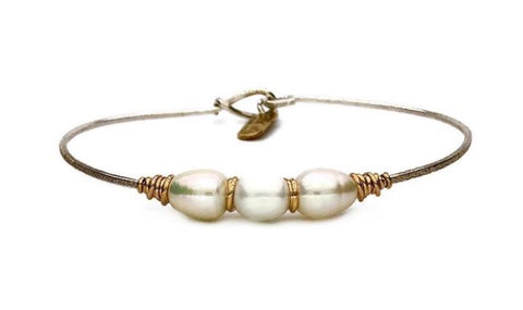 Sterling Silver band with 14K Gold Filled Wire wrap 3 Freshwater Pearl Bracelet. Bracelet symbolizes that Past, Present and Future. Bracelet also can be order in 14k Gold Filled band and other sizes. We have in stock, what is listed below.