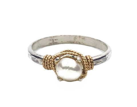 Sterling Silver, 14K Gold Filled wrap with Freshwater Pearl. Simple Ring with a lot of Charm. We have is stock in size below. We can order other sizes 5 to 10 whole size only. Made in USA