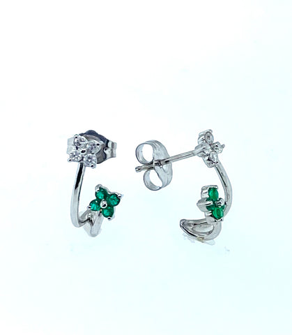Emerald and Diamond Earrings set in 14 karat White Gold. 1/8 Carat of Gemstone total.