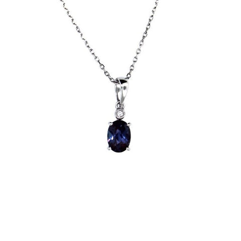.93 Carat Oval Checkerboard Created Alexandrite with .01 carat Diamond accent Pendant. Pendant is on 14 karat White gold 18 inch chain.