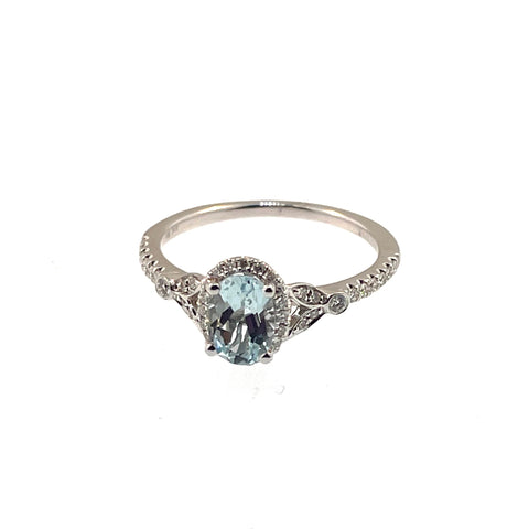 Oval Aquamarine and Diamond Ring set in 14K white gold. Ring size 7.00