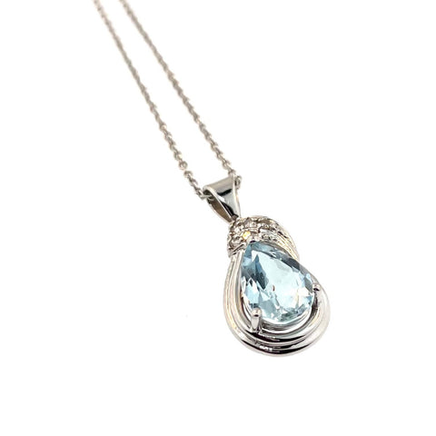 Pear Shape large Aquamarine with Diamond accent set in 14K white gold on a 18" chain