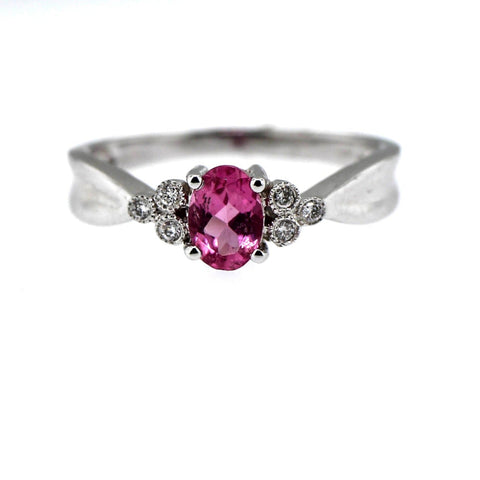 .51 carat Oval Pink Tourmaline and .04 carat in Diamonds Ring set in 14 karat white gold. Ring size is 7.00.