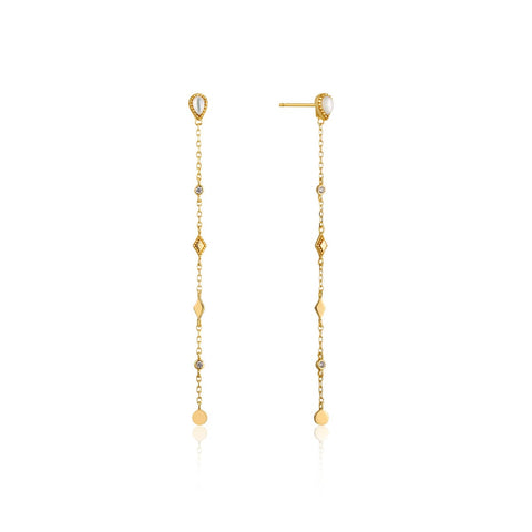 Redefine your ear game with these gold chain drop earrings featuring a mother of pearl raindrop stud and cubic zirconia stones. Layer up with our coordinating drop earrings to create a statement cluster. The stud can also be work on its own for a minimal look. These Earrings are in the Bohemia Collection.  • Material: 14kt gold plated on sterling silver • Earring length: 39mm • Weight: 1.7g