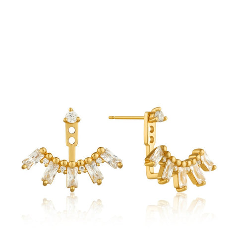 Shimmer in the spotlight with these unique gold cluster ear jackets. The cubic zirconia baguettes on these earrings will glitter in the light and catch everyone’s eye! The stud can also be worn on its own for a minimal look. The classic baguette jewelry just got a modern makeover with the Glow Getter collection. These statement pieces will let you shine in the spotlight and become timeless favorites.   • Material: 14kt gold plated on sterling silver • Earring size: 16mm x 5mm • Weight: 2.1g